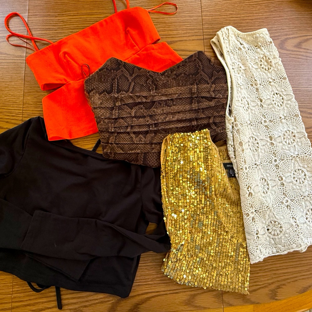 4 pc Crop & Tank Set! Off-Shoulder, Spaghetti, Gold Sequins & White Crochet tank